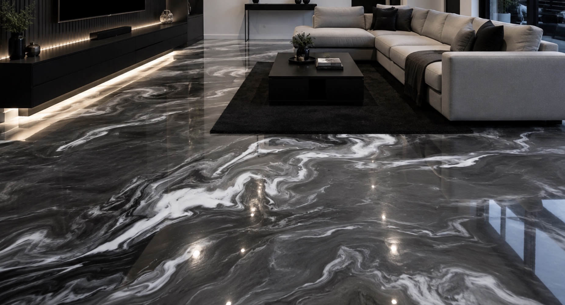 Finished metallic epoxy floor with reflection